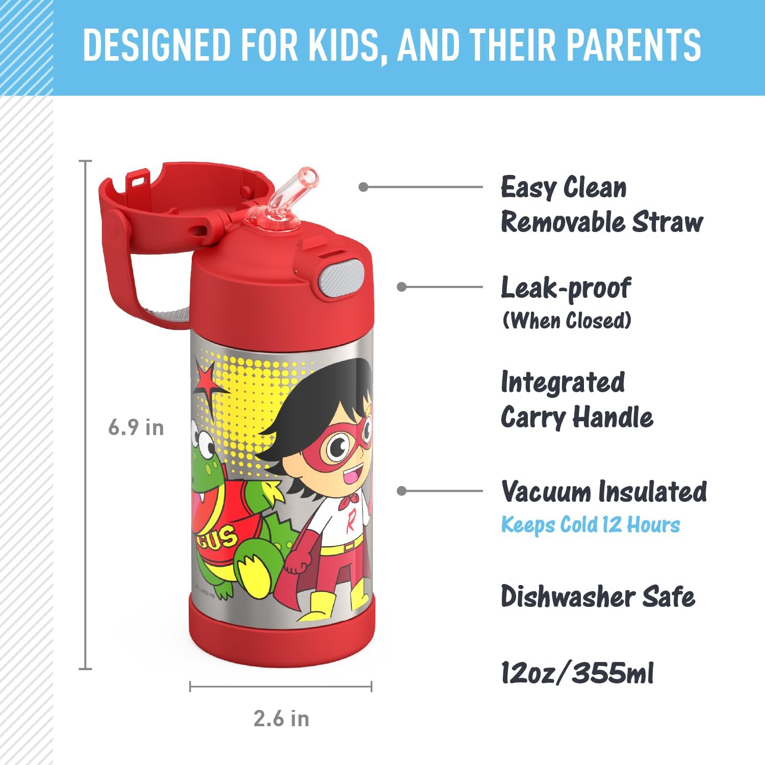 THERMOS FUNTAINER 12 Ounce Stainless Steel Kids Straw Bottle - Vacuum Insulated | Ryan's World Design