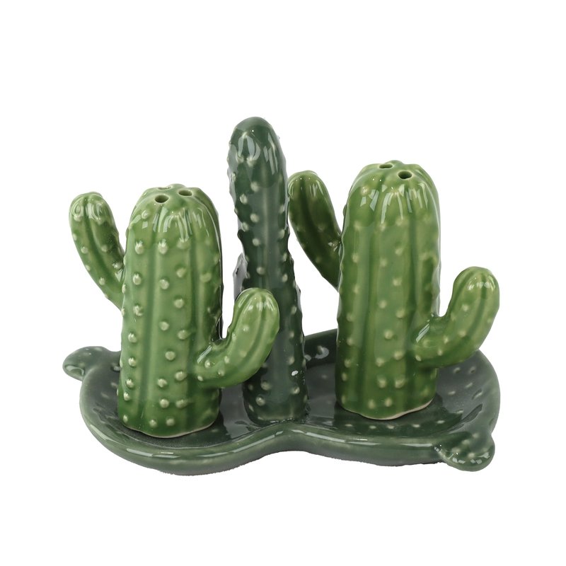 Ceramic Salt & Pepper Shakers Collectors Kitchen Décor with Tray - Cactus