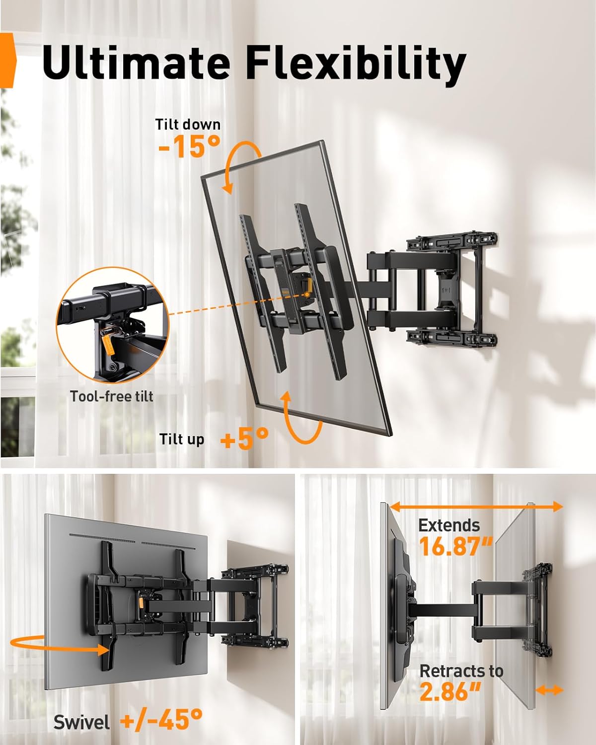 Perlegear Full Motion TV Wall Mount - Fits 42–97 Inch TVs Up to 132 lbs | Easy Setup, Swivel & Tilt Design