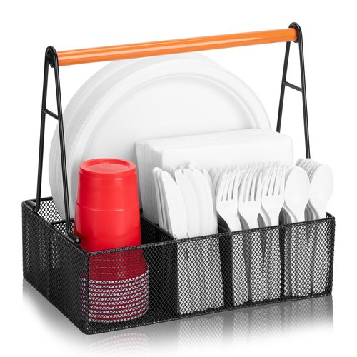 NACIMAX Paper Plate Organizer with Handle for Countertop, Metal Silverware Caddy for Cups, Napkins, Paper Plate and Utensil Holder, Cutlery Caddy for Party, Camping, Picnic (Black)