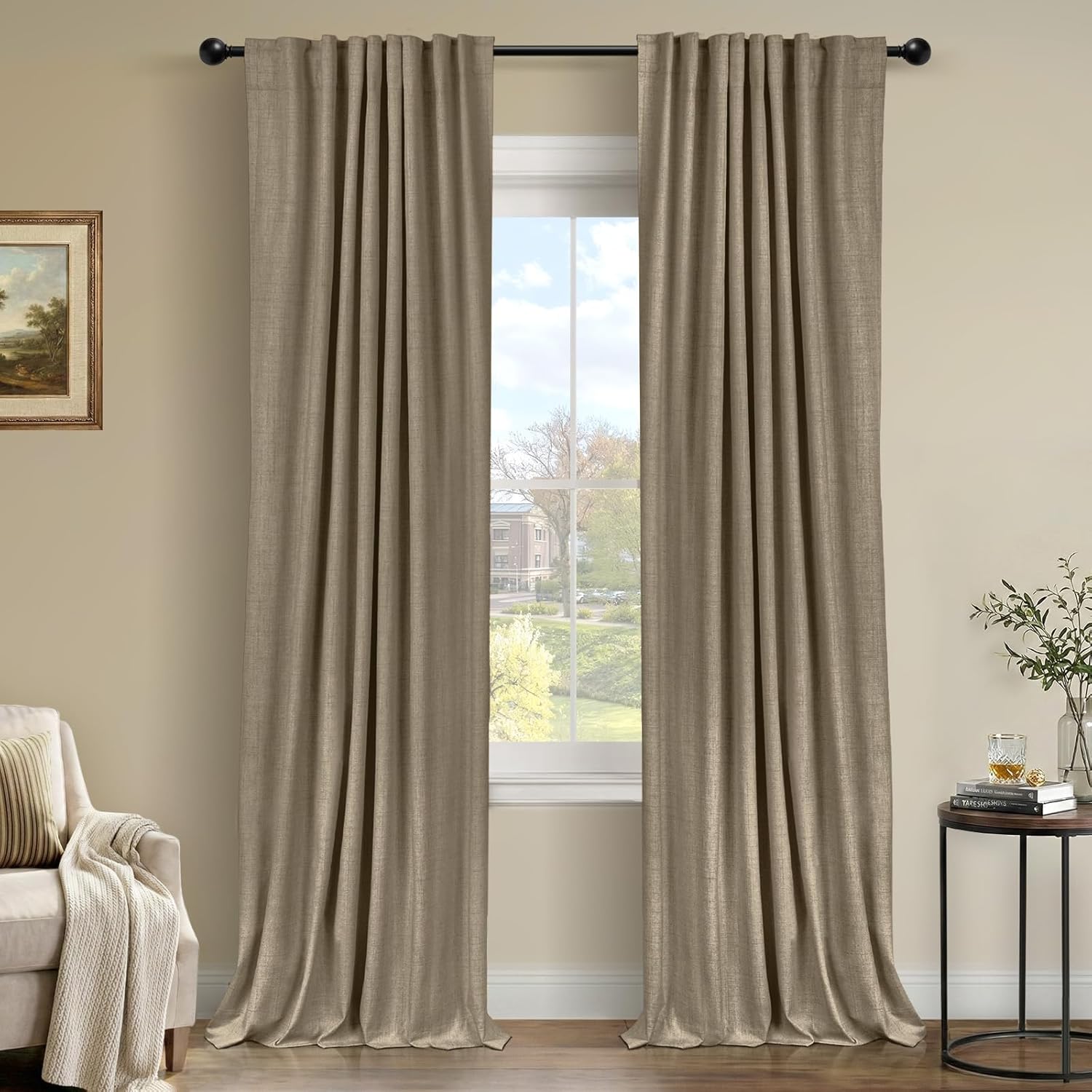Plaza Taupe 100% Blackout Linen Curtains - Thermal Insulated Drapes, 50" W x 108" L, 2 Panels Set