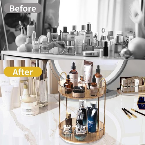 Asayuee 360° Rotating Gold Makeup Organizer - Large Capacity Skincare & Perfume Storage (2 Tier)