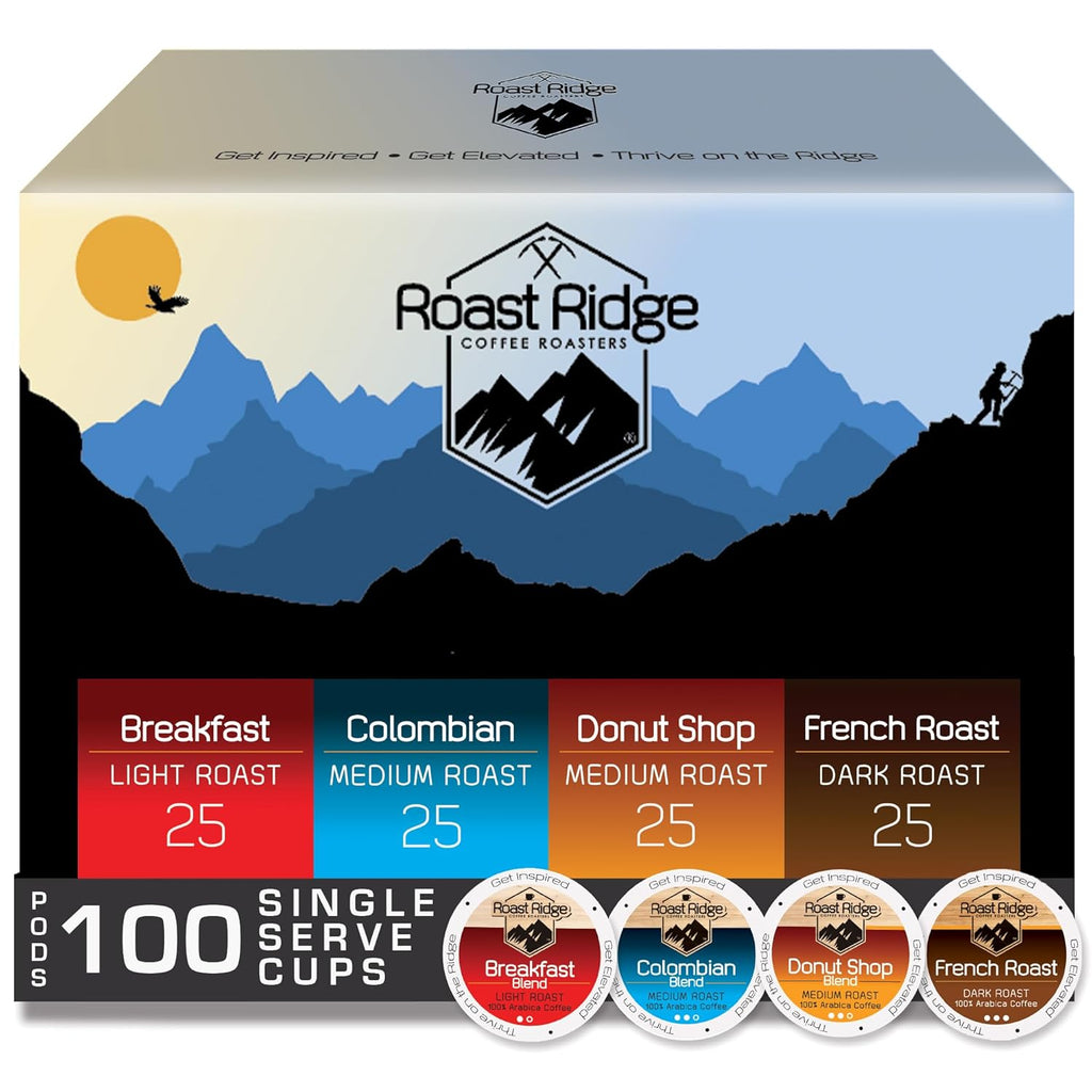 Roast Ridge Coffee Pods - Variety Pack for Keurig K-Cup Brewers | 100 Count - Light, Medium, Dark Roast