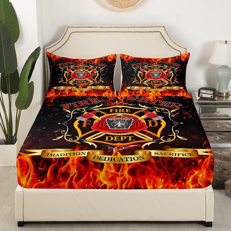 Castle Fairy Firefighter Theme Bed Sheet Queen Set Burning Flame Sheets Sets Adults Bedroom Decor Fireman Sign Microfiber Bedding Set with Flat,Fitted Sheet,2 Pillow Cases