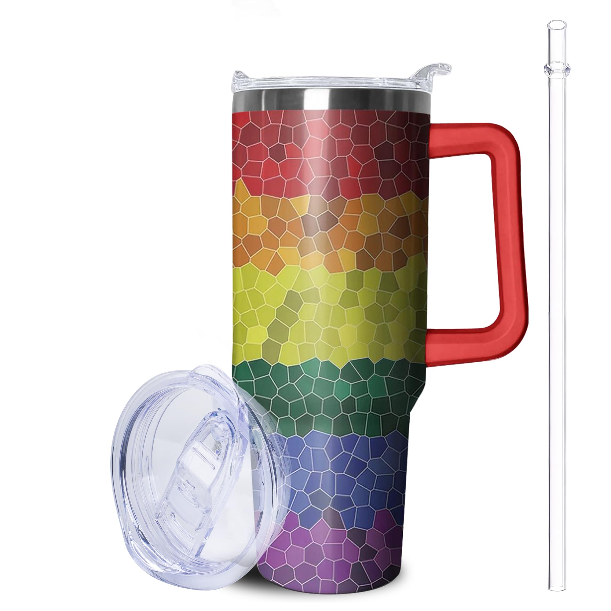 Lumumanber 40oz Rainbow Heart Tumbler with Handle and Straws, Gifts for Gays Lesbian LGBTQ, Gay Pride Flag Coffee Mug Water Bottle, LGBT Stainless Steel Insulated Cup,Valentines Birthday Gift