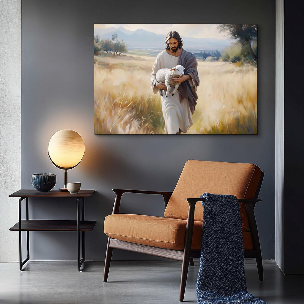 Wewejia Jesus and Lamb Canvas Wall Art - Large 46x32 Inch Religious Faith Painting for Home Decor