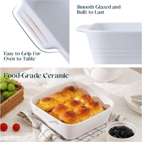 DOWAN 8x8 Ceramic Baking Dish - Versatile Square Casserole Pan with Handle, 2 Quart, White