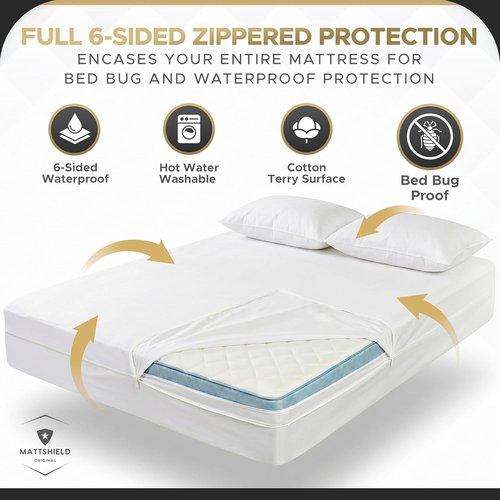 MATTSHIELD Ultimate Bed Bug-Proof Mattress Cover Kit | Queen Size 100% Cotton + 2 Zippered Pillow Protectors - Waterproof Encasement