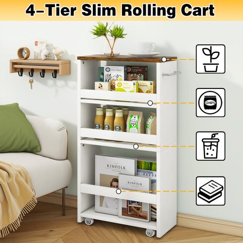 IBUYKE Slim Storage Cart, 4-Tier Skinny Rolling Cart, 5.9" Narrow Utility Trolley with Handle & Lockable Wheels,Thin Shelf for Kitchen, Laundry Room, Bathroom, Small Spaces,Space-Saving WST005W