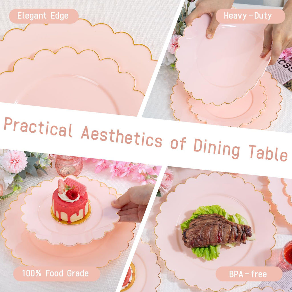 LIYH 120 Pcs Pink Plastic Plates Disposable Set Includes 60 Dinner Plate 10.25" & 60 Dessert Plate 7.5" with Elegant Gold Rim for Party Birthday Baby Shower Easter