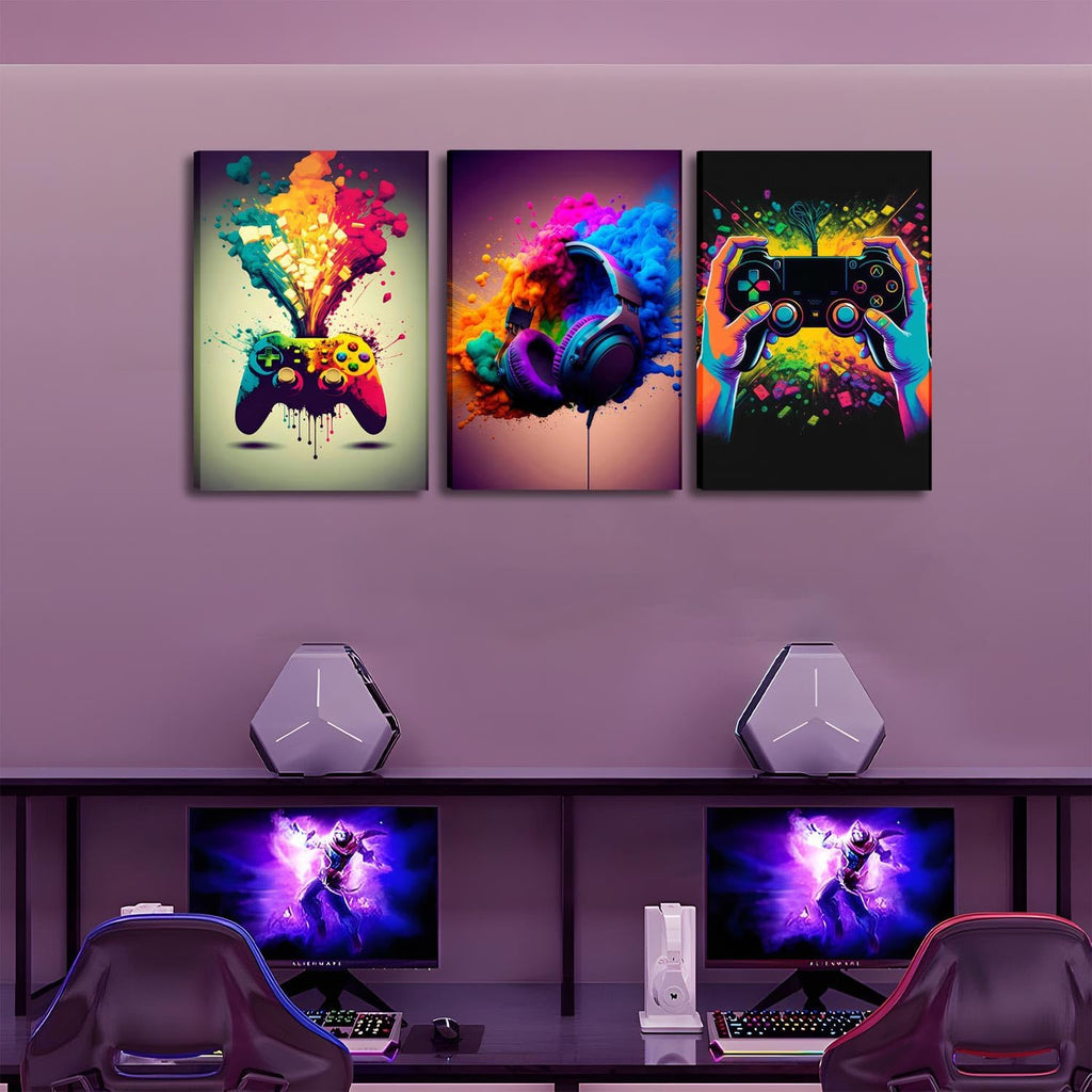 Skiennix Gaming Room Decor | Set of 3 Framed Canvas Posters - Video Game Controller Art for Boys' Bedrooms (16x24 in)