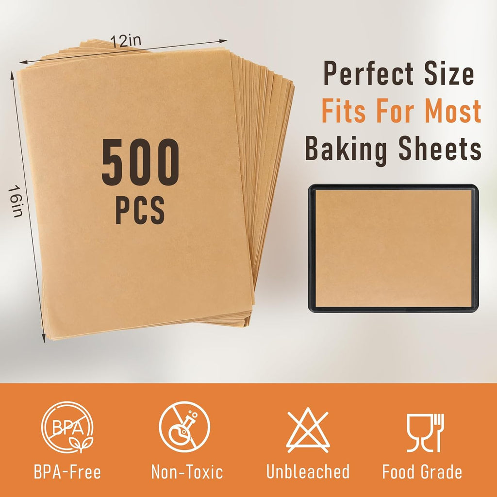 Skiennix Parchment Paper Sheets - 500 Pcs Heavy Duty Pre-Cut 12x16 Inch Non-Stick Baking Paper for Oven & Air Fryer