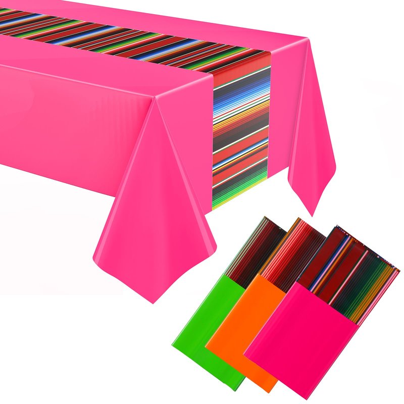 Oudain 3 Pcs Fiesta Tablecloth 108 x 54 Inch Plastic Tablecover Waterproof Mexican Tablecloth Mexican Striped Table Cover for Taco Night Festive Fiesta Wedding (Green,Orange,Pink)