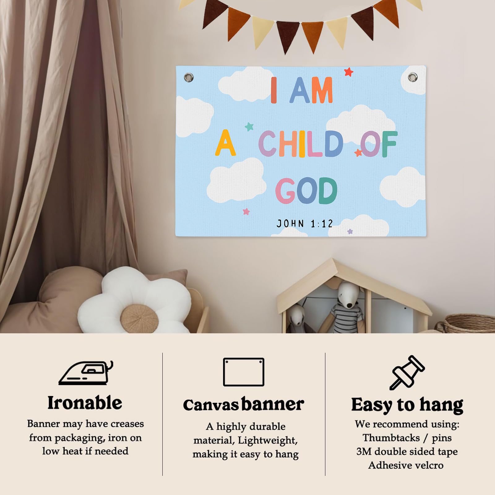 BOQTMK Boho Classroom Homeschool Decor, Christian Nursery Canvas Banner 30x20In & Triangular Flags, I Am A Child Of God Banner, Teen Sunday School Decor, Bible Verse for Church Newborn Baby Kids Room