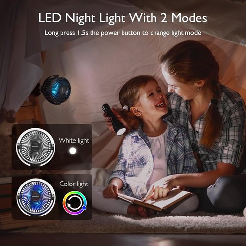 Momcozy Portable Stroller Fan - 8000mAh Battery | 27H Runtime | 4-Speed 360° Rotation | USB Rechargeable Night Light