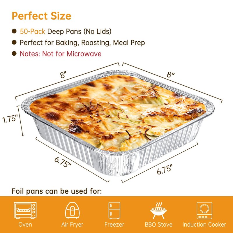 Ezsart Aluminum Pans 8x8-50 Pack Disposable Baking Pans, 8 Inch Square Tin Foil Pans, Aluminum Roasting Trays for Holiday Cooking, Heating and Baking, Christmas, Parties Meal Prep & Storage