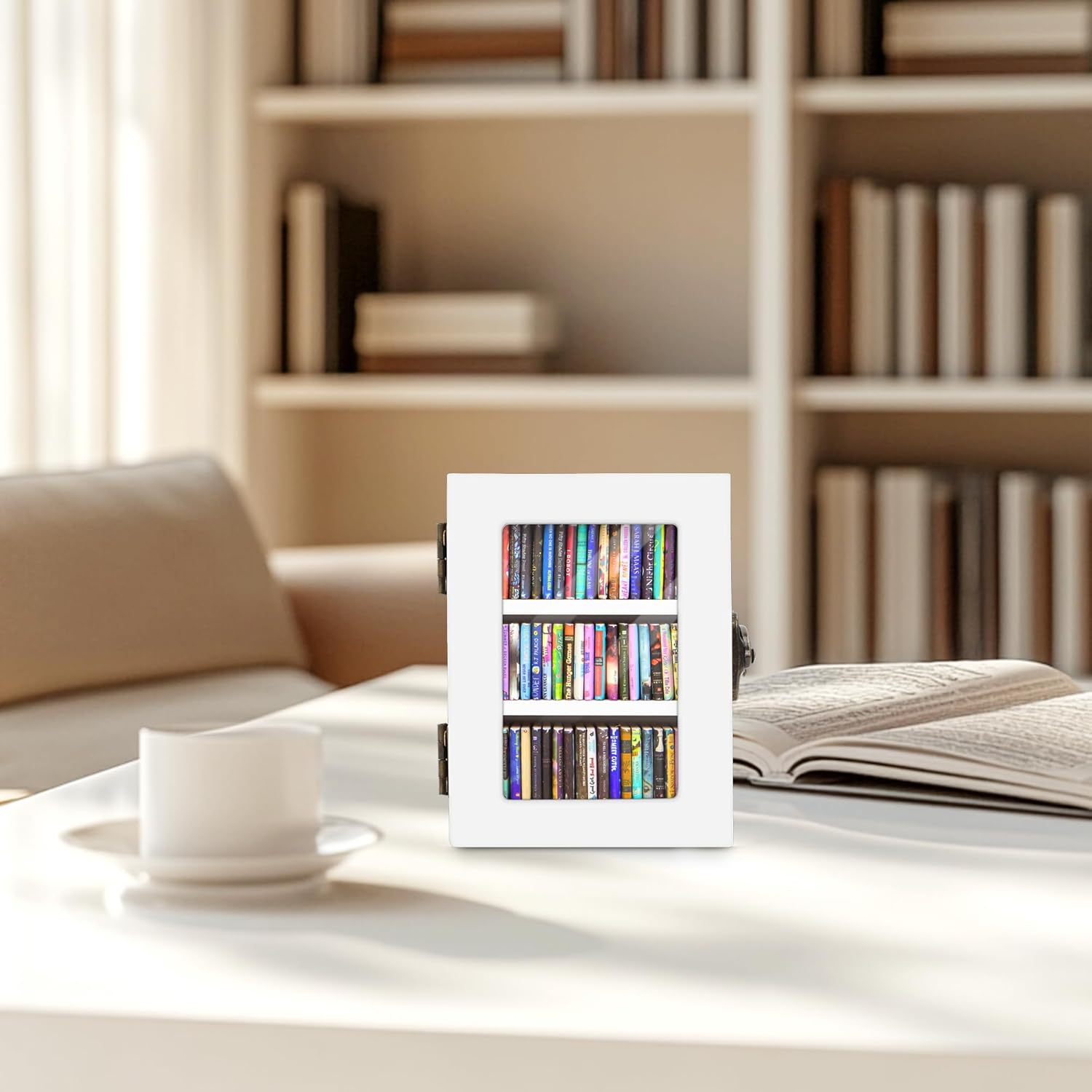Skiennix Mini Bookshelf | 60PCS Wooden Miniature Book Library for Stress Relief - White Decor Gift