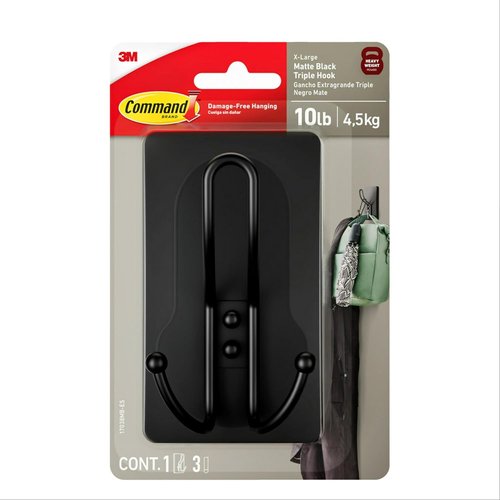 Command X-Large Matte Black Triple Hook - Damage-Free Adhesive Wall Hook for Easy Decoration