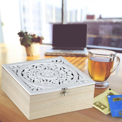MOLIGOU Wood Tea Bag Organizer, 9 Compartment Tea Storage Box with Floral Pattern Lid, Tea Holder Box for Cabinet, Pantry