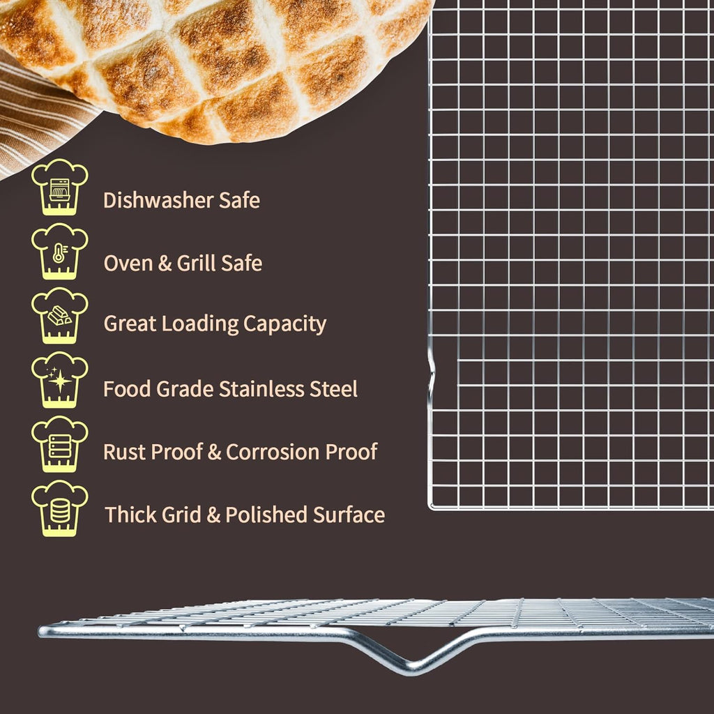 Skiennix Cooling Rack - 2-Pack Thick Wire Baking Rack | 16x10 Inches, Oven Safe, Fits Half Sheet Pan, Silver
