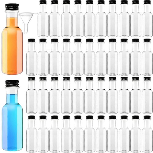 Mini Liquor Bottles,50 Pack Empty Spirit Bottles with Black Screw Cap,1.7oz Reusable Plastic Alcohol Shot Bottle with 10 Funnels for Baby Shower,Party,Weddings