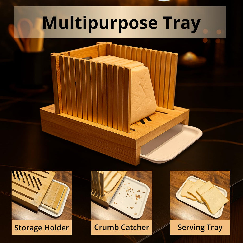 Bamboo Bread Slicer Guide Cutter For Slicing Homemade Bread, Bagels, Sourdough Loaves - Folable & Compact, Adjustable Width & Thickness, Crumb Tray, Kitchen Gadget & Gifts