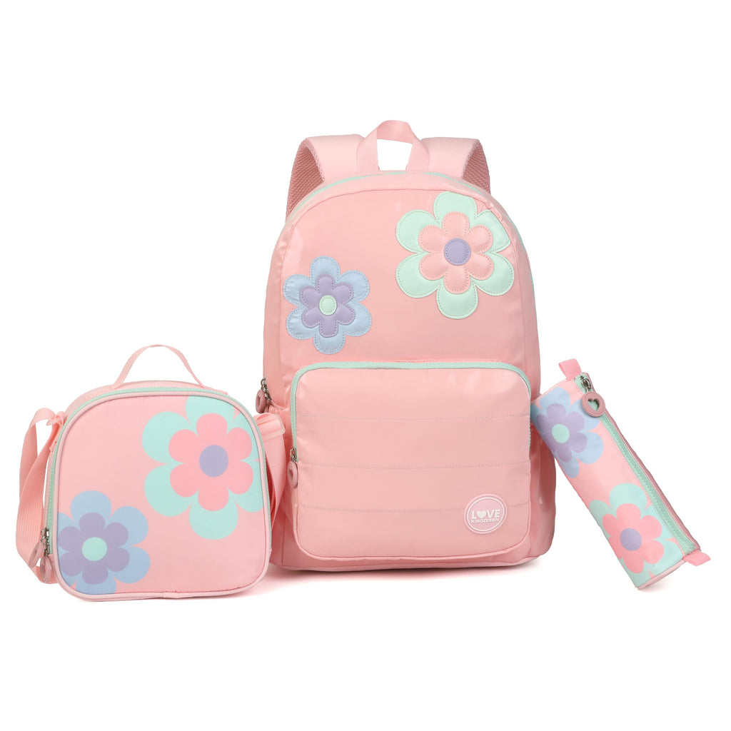 kingdisen School Backpack for Teen Girls, 3Pcs Pink Flower Bookbag Set for Middle School Girls Travel Laptop Backpack Mochila Infantil (Pink Flower)