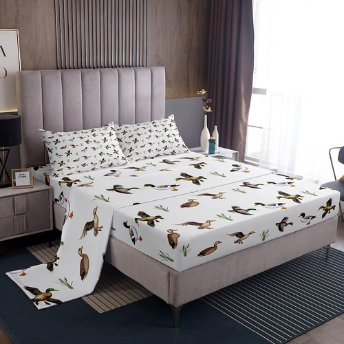 Feelyou Kids Duck Sheet Set Queen Size Duck Hunting Bed Sheets Set for Boys Girls Teens Bedroom Decor Wild Animals Sheets with Deep Pocket Fitted Sheet Women Men Botanical with 2 Pillow Case