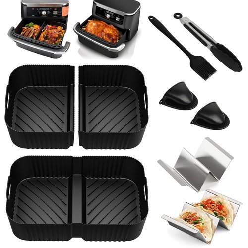 HOMELYLIFE Air Fryer Silicone Liners Accessories 9 Pcs for Ninja DZ071 7-QT DualZone Megazone Air Fryer, Include 3 Pcs Liners,Taco Holders,Oil Brush,Silicone Loves,Kitchen Tongs