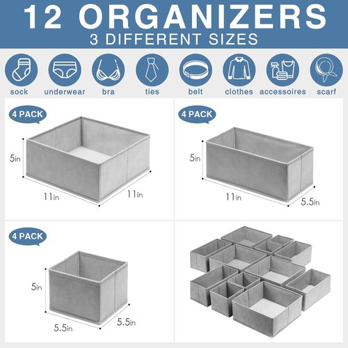 Criusia Drawer Organizer | 12-Pack Dresser Storage Bins for Nursery & Bedroom - Grey Clothes Dividers