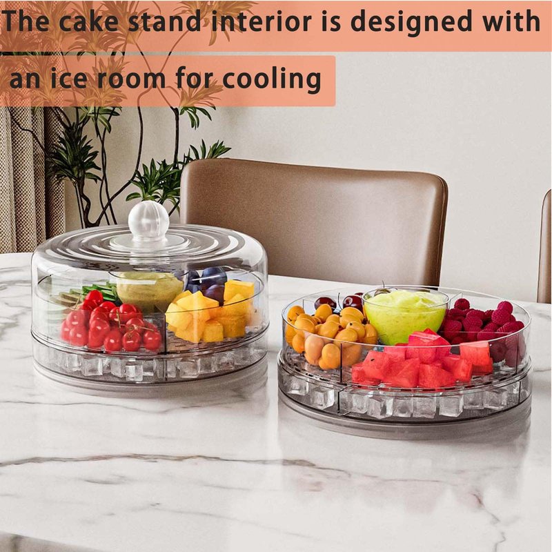 Spormmkuy 360°Rotatable Cake Stand with Dome Lid, 9in Cake Plates, Chilled Divided Veggie Fruit Serving Tray,Multi-Functional Snack Serving Platter with Cover,Lazy Susan Serving Tray