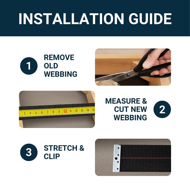 House2Home Replacement Elastic Webbing Kit to Repair Sagging Couch, Chair, Lawn,and Patio Furniture, Includes Installation Instructions, 2 Inch Wide x 60 Ft. Metal Webbing Clips
