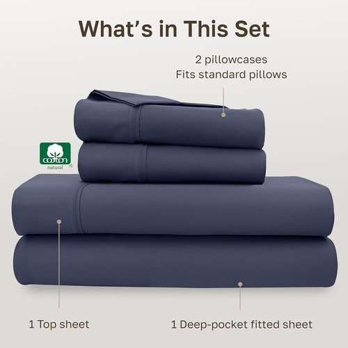 California Design Den Full Size Bed Sheets Set - 100% Cotton, 400 TC, Smooth Sateen Finish, Deep Pockets | Indigo Dusty Blue