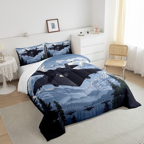 Manfei Modern Airplane Twin Size Comforter Set for All Seasons,Military Black Fighter Plane Aircraft Bedding Set Bedroom Decor,Snowy Mount Pines Trees Nature Paint Comforter Inner Fill with 1 Pillow