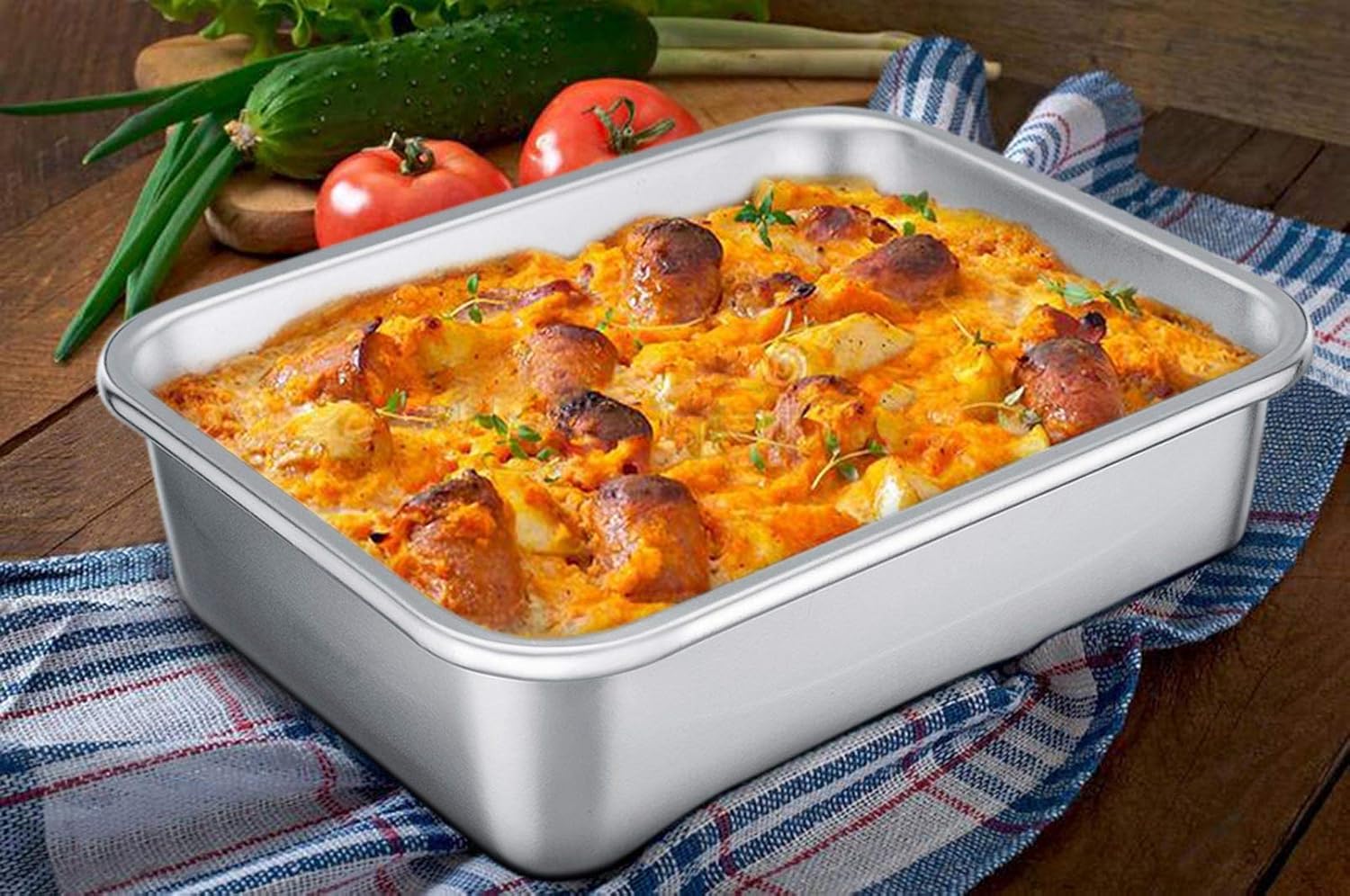 TeamFar Rectangular Cake Pan - Stainless Steel Brownie & Lasagna Casserole | 8"x10"x3", Rust-Free & Easy Clean