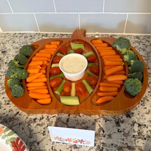 Autumn Harvest Wooden Pumpkin Serving Tray,15x11.8 Inches Snacks Fruit Meat Cheese Deli Plate,Split Dinner Plates for Halloween, Thanksgiving, Parties，Christmas Day