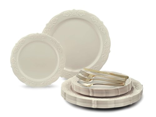 " OCCASIONS " 150 Piece set (25 Guests) Vintage Wedding Party Disposable Dinnerware Set Plastic Plates 10.25'', 7.5'' +Gold Silverware w/double fork (Portofino Plain Ivory, Gold Silverware)