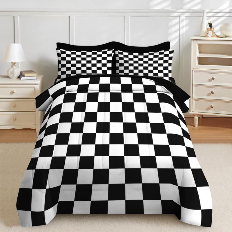 Nesker Comforter Set Twin Size, Black White Checkered 5 Pcs Bedding for Kids and Adults, Cute Retro Gingham Grid Bed Sheet Sets with Fitted Sheet Pillowcase & Sham