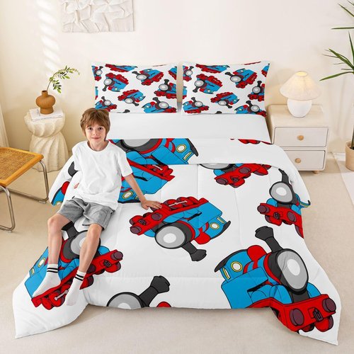 Feelyou Train Bedding Set Kids Cartoon Car Comforter Set Boys Girls Train Travel Decor Comforter Microfiber Construction Red Blue Duvet Bedroom Quilt Twin Size with 1 Pillow Case