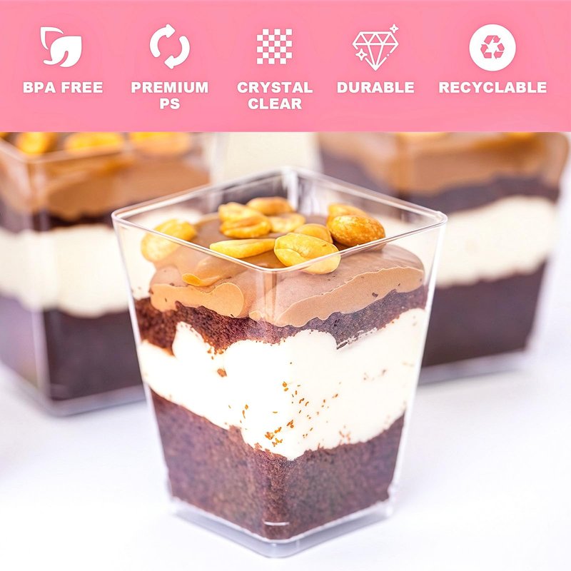 Zezzxu 100 x 5 oz Mini Dessert Cups with Spoons, Shooter - Clear Plastic Small Parfait Cups Reusable Shot Glasses for Tasting Party Desserts & Appetizers, Shrimp Cocktail Cups