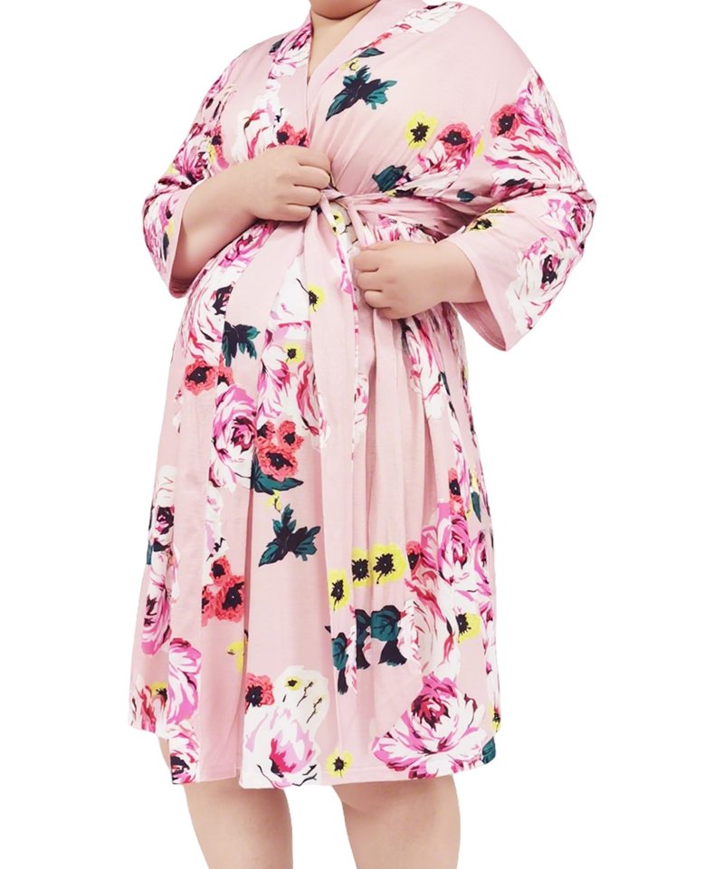 SUFEINI Plus Size Maternity Robe and Matching Baby Swaddle Blanket Set, Mommy Robe with Receiving Blanket Girls Boys Sleepwear (US, Alpha, XX-Large, Plus, Regular, PZA01 Pink)