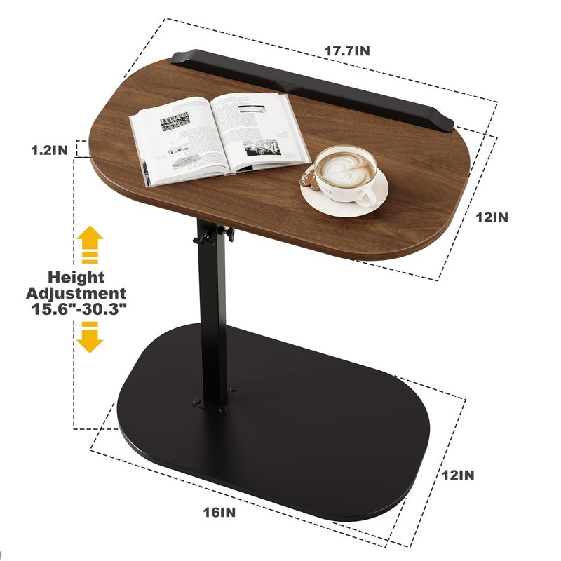 C Shaped End Side Table with Anti-Drop Rod, Adjustable Height & 360° Swivel Snack Table for Couch, Sofa, Bedroom, Living Room, TV Tray Table for Eating, Dinner or Laptop, Small Spaces, Walnut