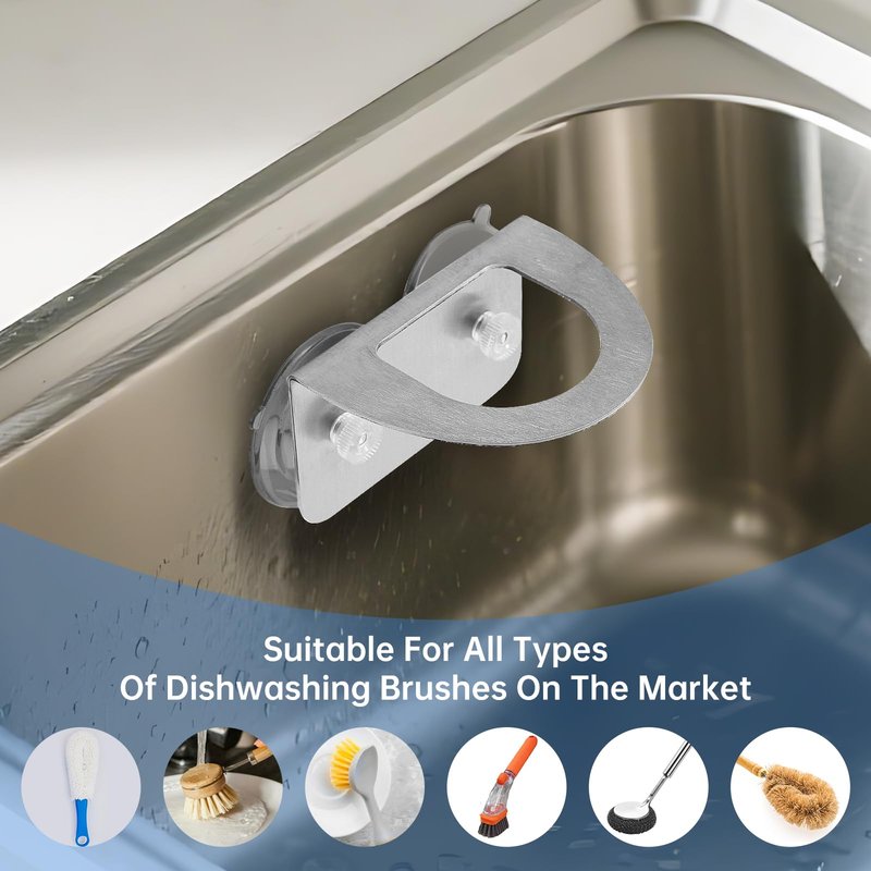 Stainless Steel Kitchen Sink Dish Brush Holder with Suction Cups,Scrub Brush Holder, Compatible with Various Dishwashing Brushes,Dish Wand Holder,Dishwand Sink Caddy,No Drill Rustproof Waterproof