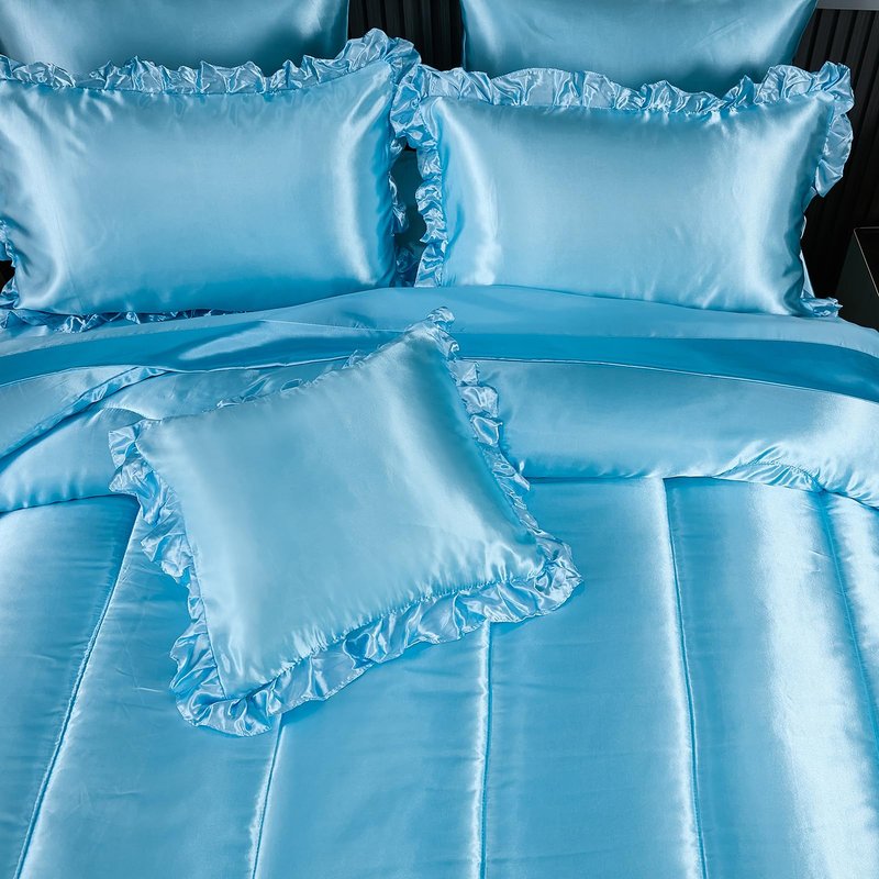 Satin Comforter Set with Sheet Set Full 8 Pcs Silk Like Pink Bedding Set Silky Ruffle Pattern Luxury Silky Comforter Set with 1 Cushion Cover