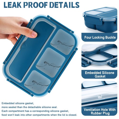 shell and turtle Bento Box Adult Lunch Box, Kids Lunch Containers for School with 4 Compartments, with Utensils, Sauce Jar, Muffin Liners, Microwave Safe, Navy
