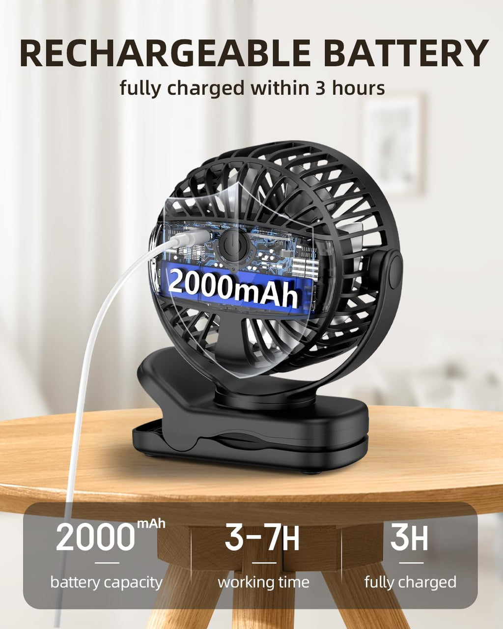 TUNISE Mini Clip-On Fan - Battery Operated, 3 Speed Adjustable, 360° Rotation, Portable for Home & Office - Black