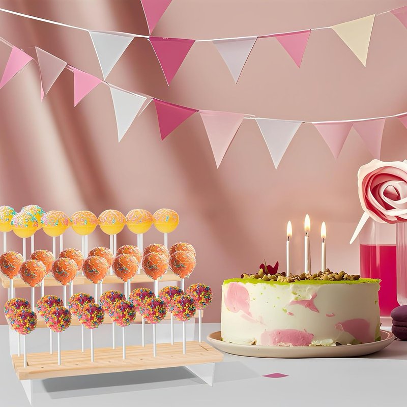Hloizyn 2 Pack Cake Pop Stand Holder - 3 Tier for 39 Cake Pops, Acrylic & Pine Wood Dessert Table Stand | Wedding Birthday Baby Shower Candy Buffet Cake Pop Display.