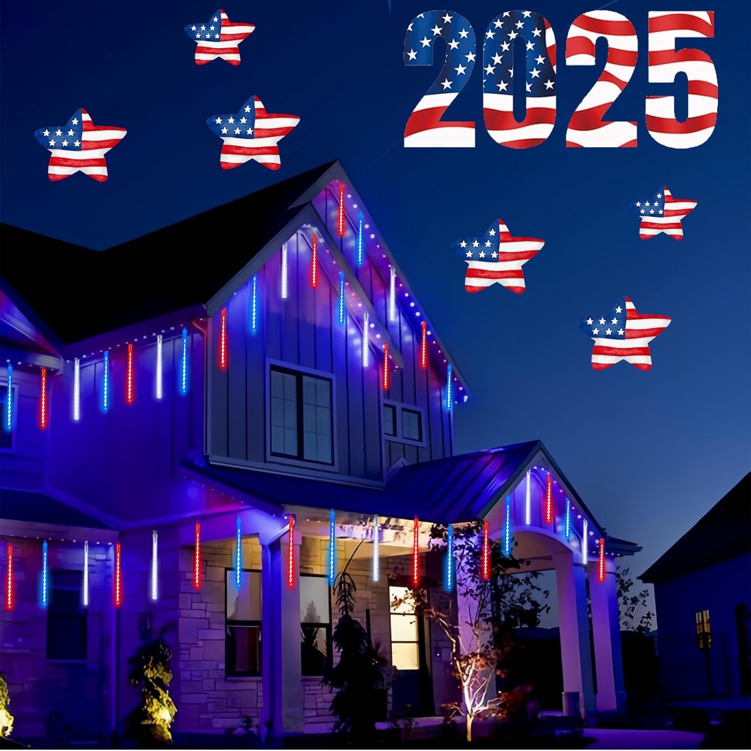 Skiennix 4th of July Decorations - USA 250th Anniversary Solar Meteor Shower Lights | 18 Tubes, 432 LEDs, Waterproof