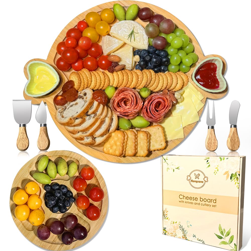 Hongsane Charcuterie Boards Gift Set: Bamboo Charcuterie Cheese Board - Unique for Mom - House Warming Gifts New Home, Bridal Shower Wedding Gifts for Couple