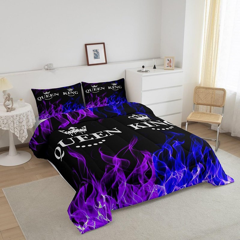 Feelyou King and Queen Crown Comforter Set Modern Chic Bedding Set King Size Duvet Insert All Season Sets for Couples 3 Pieces Purple Blue Flame Quilt Valentines Day Gifts Decorative Bedroom